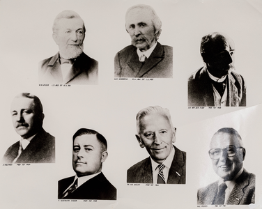  Compilatie van portretfoto's van 7 Rhenense gemeente-secretarissen in de periode 1852-1980