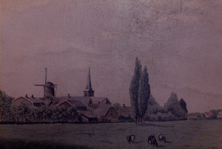  Gezicht vanuit het oosten over de rijnweide en Kromme Rijn op het dorp Cothen, met molen en NH-kerk (reproductie)
