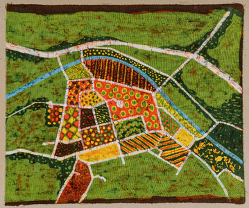  Schildering op doek van een gestyleerde kaart van Cothen aan de Kromme Rijn