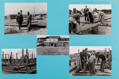  Blad met vijf foto's van de bouw door vrijwilligers van het Dorpshuis te Cothen aan de C.B. Kentiestraat (21)