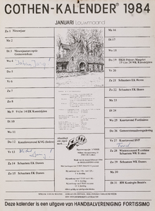  Omslag Cothen-kalender 1984 met 12 maandbladen met agenda-items, advertenties en topografische tekeningen van Hans Scholman