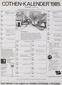  Omslag Cothen-kalender 1985 met 12 maandbladen met agenda-items, advertenties en topografische tekeningen van Hans Scholman