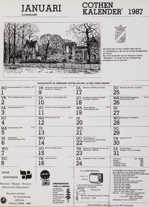  Omslag Cothen-kalender 1987 met 12 maandbladen met agenda-items, advertenties en topografische tekeningen van Hans Scholman