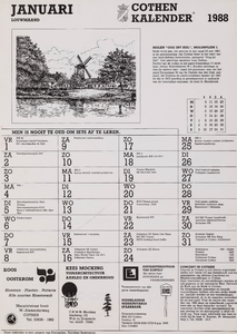  Omslag Cothen-kalender 1988 met 12 maandbladen met agenda-items, advertenties en topografische tekeningen van Hans Scholman