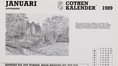  Omslag Cothen-kalender 1989 met 12 maandbladen met agenda-items, advertenties en topografische tekeningen van Hans Scholman
