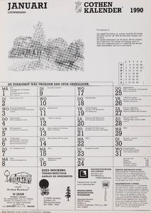 Omslag Cothen-kalender 1990 met 12 maandbladen met agenda-items, advertenties en topografische tekeningen van Hans Scholman