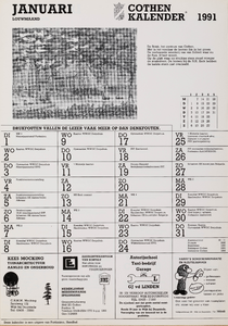  Omslag Cothen-kalender 1991 met 12 maandbladen met agenda-items, advertenties en topografische tekeningen van Hans Scholman