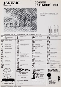  Omslag Cothen-kalender 1992 met 12 maandbladen met agenda-items, advertenties en topografische tekeningen van Hans Scholman