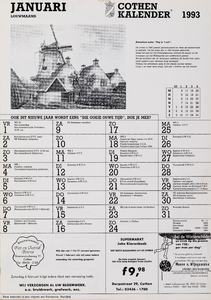  Omslag Cothen-kalender 1993 met 12 maandbladen met agenda-items, advertenties en topografische tekeningen van Hans Scholman