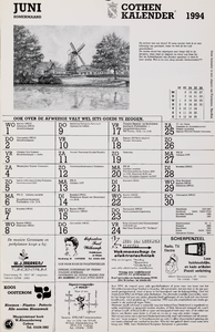  Omslag Cothen-kalender 1994 met 12 maandbladen met agenda-items, advertenties en topografische tekeningen van Hans Scholman