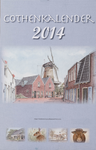  Omslag Cothen-kalender 2014 met 12 maandbladen met agenda-items, advertenties en topografische tekeningen van Hans Scholman