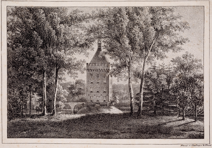  Gezicht uit het zuiden, over de gracht, op nog alleenstaande toren van huis Sandenburg te Nederlangbroek, met toegangsbrug