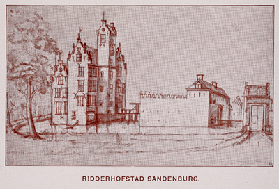  Fotografische reproductie van een prent uit ca. 1660-1670 met gezicht vanuit het noorden op huis Sandenburg te ...