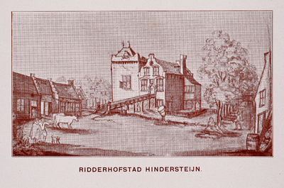  Fotografische reproductie van een prent uit ca. 1660-1670 over het binnenplein op huis Hindersteijn te Nederlangbroek, ...