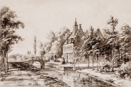  Reproductie van een tekening met gezicht vanuit het zuiden op huis Rhodesteyn aan de Langbroekerwetering te Nederlangbroek