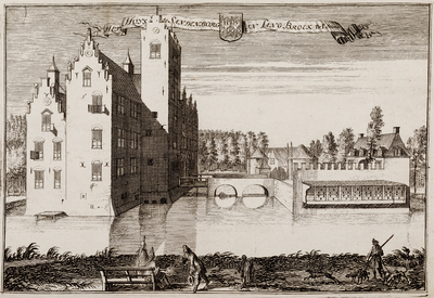  Gezicht over de gracht op huis Sandenburg, met poortgebouw en duifhuis, te Nederlangbroek