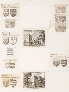  Compositieblad met 10 wapentekeningen en 2 prentjes van J. de Beijer van huis Lunenburg (no. 130) en huis Weerdesteyn ...