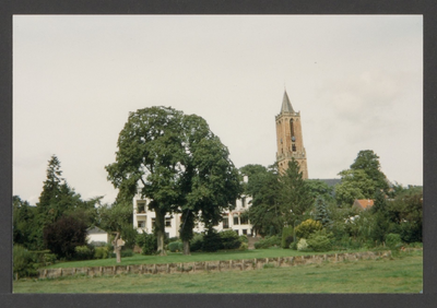  De toren van de St. Andrieskerk gezien vanaf de uiterwaarden van de Rijn. Links achter bomen Huize Oranjestein.