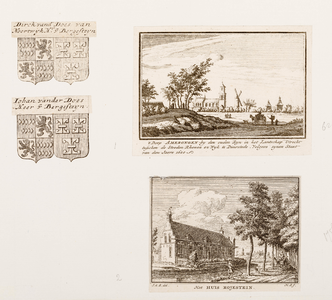  Compositieblad met 2 prentjes (dorp, Rojestein) en 2 wapenafbeeldingen (Van der Does) betreffende Amerongen