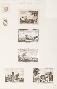  Compositieblad met 5 prentjes van het dorp Amerongen en 2 wapenafbeeldingen (Borre van Amerongen)