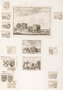  Compositieblad met 3 prentjes (huizen Amerongen, Waijestein, Lievendaal) en 13 wapenafbeeldingen (oa. Reede van ...