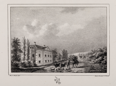  Gezicht op de zij- en voorgevel van huis Broekhuizen van C.J. Nellesteyn te Leersum met enkele schapen en koeien met ...