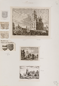  Compositieblad met 4 wapentekeningen, een kopergravure van de ridderhofstad Zuylestein (no. 295-298) van H. Spilman ...