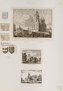  Compositieblad met 4 wapentekeningen, een kopergravure van de ridderhofstad Zuylestein (no. 295-298) van H. Spilman ...