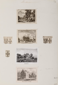  Compositieblad met 3 wapentekeningen, een kopergravure van de kapel van Darthuizen (no. 216) van H. Spilman naar J. de ...