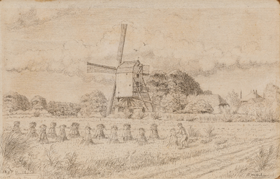  Gezicht op de molen Oog in 't Zyl in Darthuizen onder Leersum met schoven koren op de voorgrond