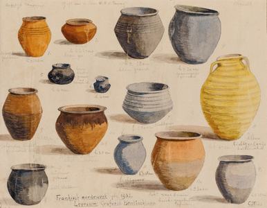  Collage van 14 aardewerk potten (met crematieresten) in 1932 gevonden op het Merovingische grafveld nabij de ...