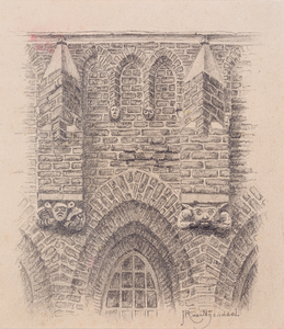  Potloodtekening van details van het metsel- en beeldhouwwerk van toren van de Grote Kerk te Wijk bij Duurstee