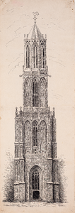  Pentekening van de voorzijde van toren van de Grote Kerk te Wijk bij Duurstede zoals die had moeten worden (naar een ...