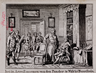  Reproductie van een ets door P. Buys met de pander Joh. Valburg op 29 mei 1786 te Wijk bij Duurstede gevangen gezet (2)