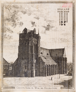  Gezicht vanuit het noordwesten op de voorzijde (met toren) van de Grote Kerk te Wijk bij Duurstede (met als inzet de ...