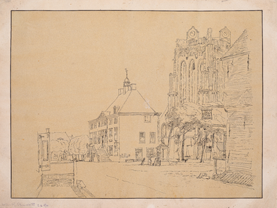  Pentekening van een gezicht vanuit het noordwesten op de Markt en de toren van de Grote Kerk te Wijk bij Duurstede