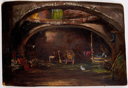  Olieverfschildering van het bewoonde interieur van de onderste verdieping van de donjon van huis Duurstede