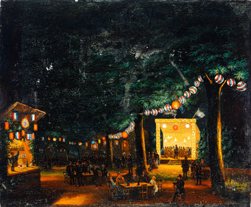  Olieverfschilderij van een muziekuitvoering in de avond in het bos van huis Duurstede ter gelegenheid van de ...