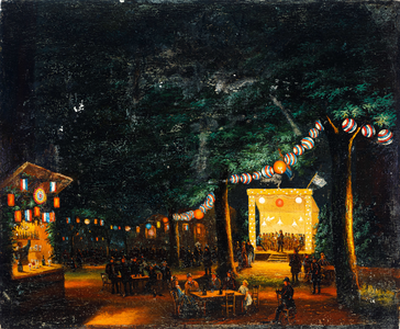  Olieverfschilderij van een muziekuitvoering in de avond in het bos van huis Duurstede ter gelegenheid van de ...