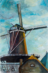  Olieverfschilderij met een gezicht vanuit het noorden op de molen Rijn en Lek te Wijk bij Duurstede