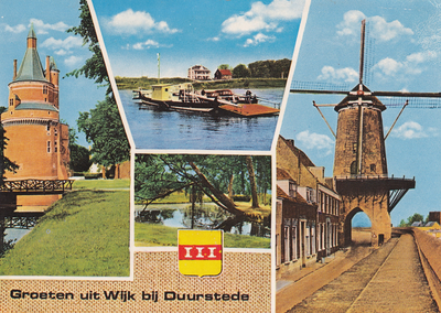  Vier afbeeldingen: molen, kasteel, veerpont, park