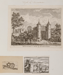  Compositieblad met kaartje getiteld 'Wyck te Duersteden', een prent getiteld 'Veld-poort te Wyk by Duerstede' van J. ...