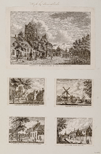  Compositieblad met prent getiteld 'Raadhuis en hoofdwagt te Wyk by Duurstede', een prentje getiteld 'Veld-poort te Wyk ...