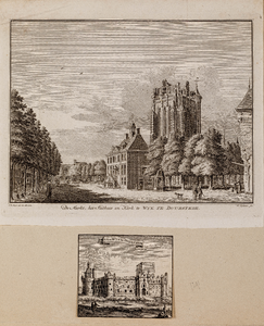  Compositieblad met prent getiteld 'De Markt, het Stadhuis en Kerk te Wyk te Duurstede' van H. Spilman naar J. de ...