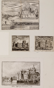  Compositieblad met prent getiteld 'Het Huis van Wyk te Duirstede op haar slinker syde te sien' van J. Schijnvoet, een ...