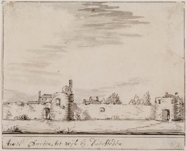  Gezicht over de gracht op de stadsmuur, met twee kleine poorten, van Wijk bij Duurstede naar een vroegere toestand (1611?)