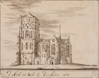  Gezicht, vanaf een laag standpunt, op de Grote Kerk te Wijk bij Duurstede naar de toestand in 1667