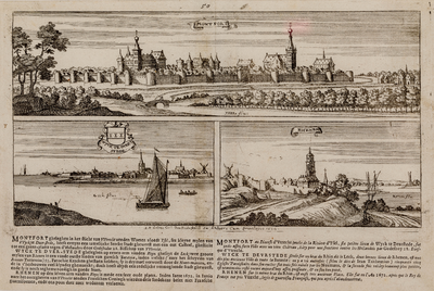  Boven: Gezicht op de ommuurde stad Montfoort met links het kasteel en rechts de Janskerk, uit het noorden / Onder ...