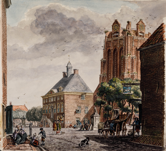  Gezicht vanuit de Volderstraat in de Markt met het stadhuis, de toren van de Grote Kerk, twee waterpompen en herberg ...