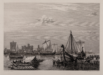  Fantasie-gezicht vanaf de rivier, met schepen, op de haven van Dorestad in de achtste eeuw
